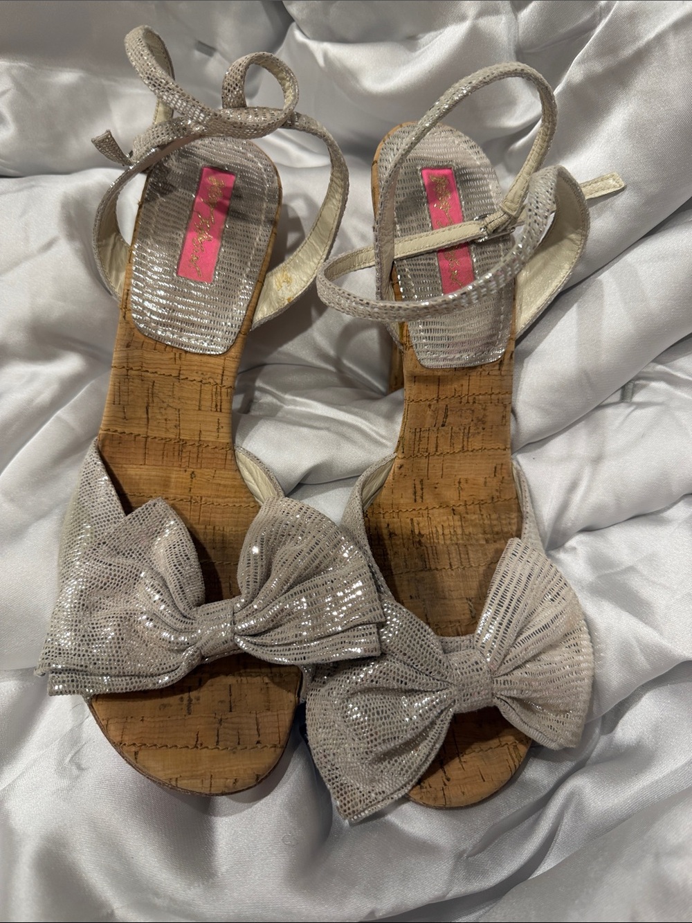 Betsey Johnson Silver Bow Cork Wedge Sandals